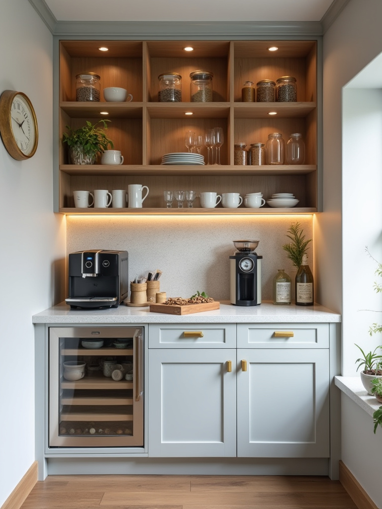 Vertical kitchen nook with beverage bar: espresso setup, mugs, jars, and warm lighting
