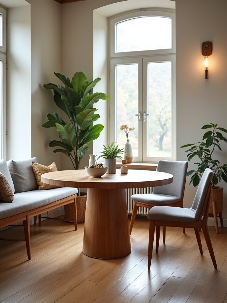 Modern dining room with a round wooden dining table optimized for space and use, featuring natural lighting and minimalist decor