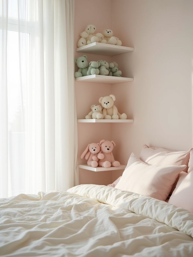 Vertical pastel bedroom with stuffed animals artfully displayed on white shelves and bed; natural window light, soft textures.