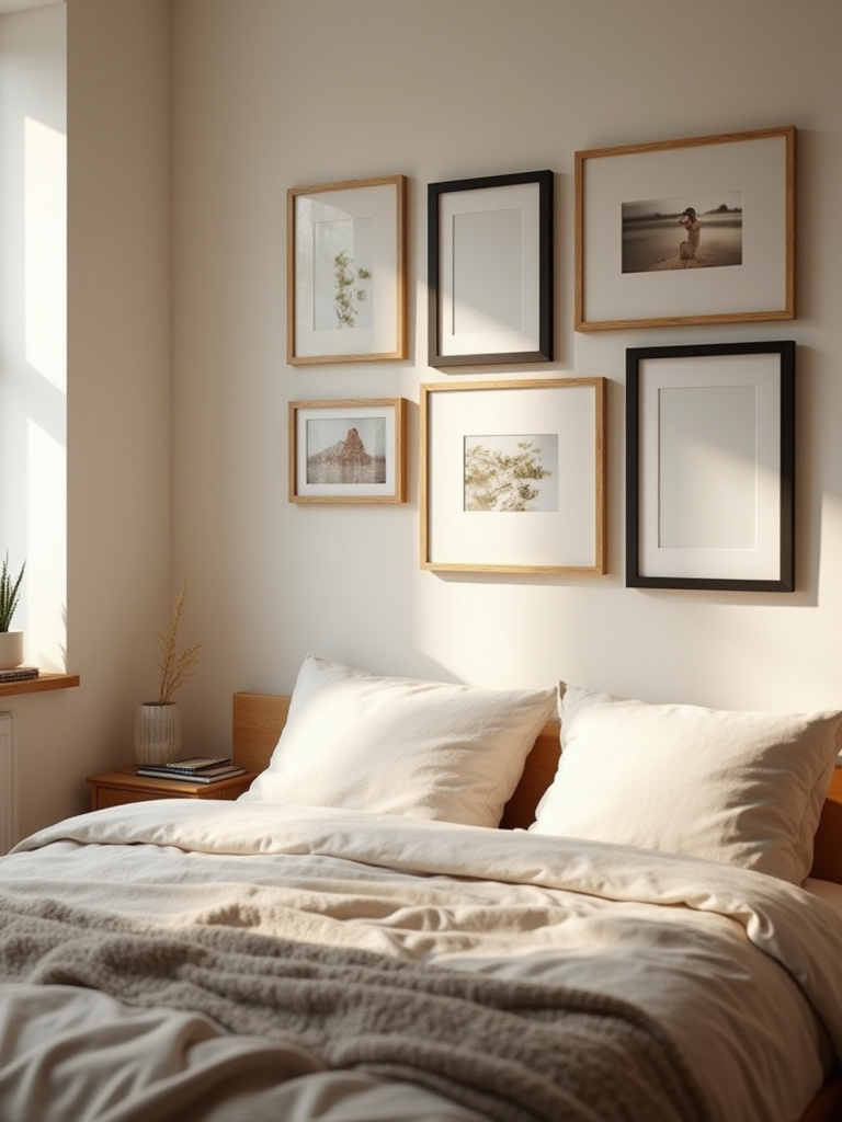 Vertical portrait view of a cozy bedroom with a wall gallery of personal art and photos above the bed.