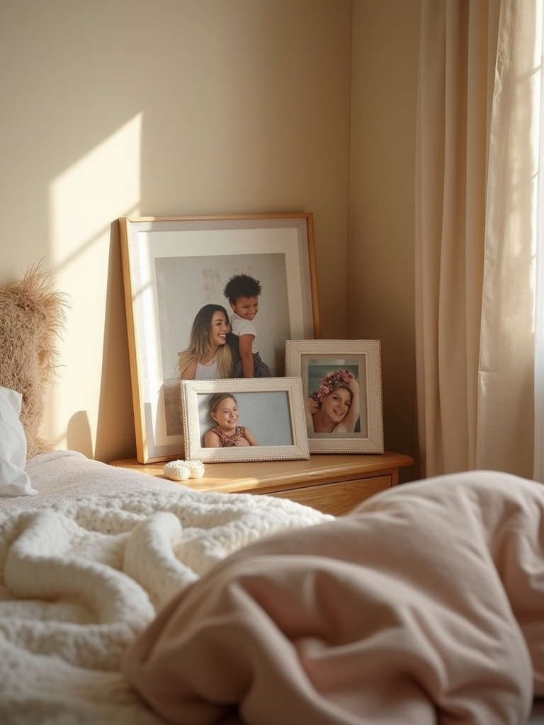 Cozy bedroom corner with personal photos in soft fabric and velvet frames on nightstand and dresser, bathed in warm natural light