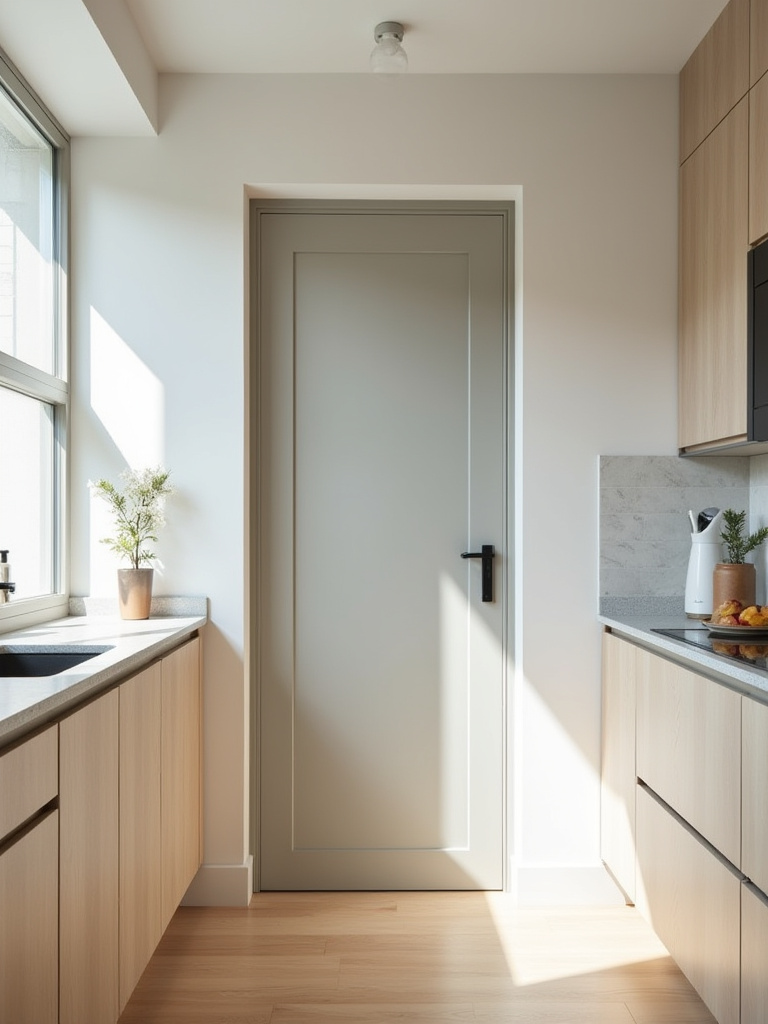 Modern small kitchen with a pocket door installed to save swing space, showing efficient use of floor area and cabinetry