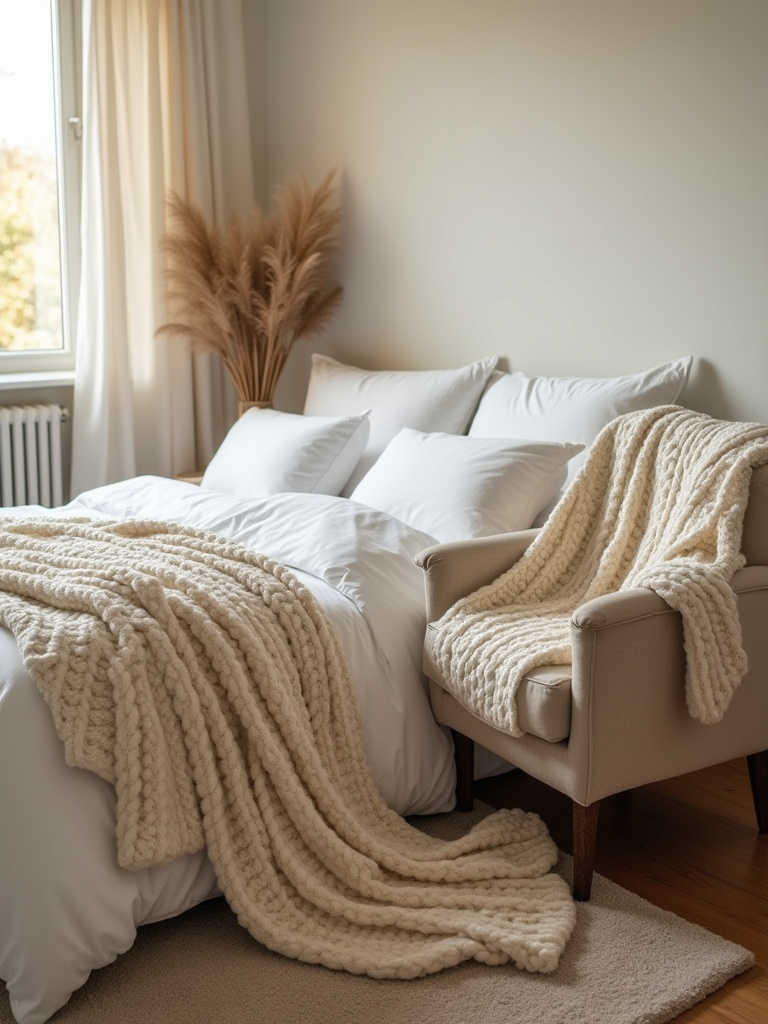Cozy bedroom corner with chunky knit throw draped over bed and armchair, showcasing texture and warmth