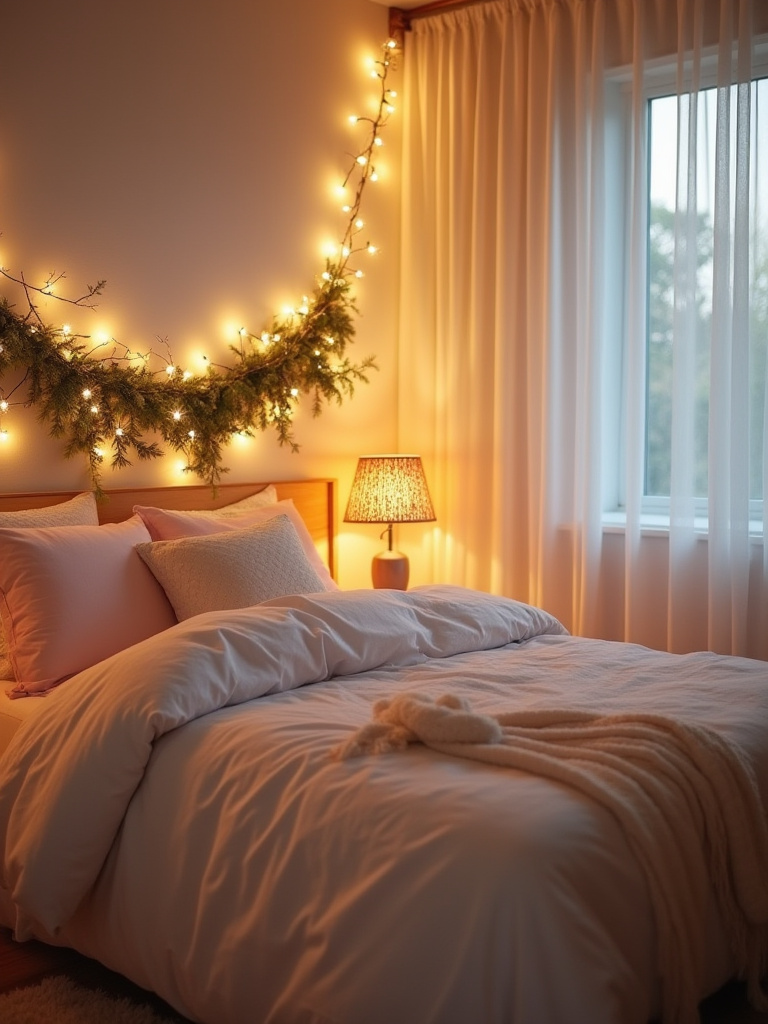 Portrait view of a cozy bedroom corner with warm white fairy lights draped behind a bed and sheer curtains, creating a magical, dreamy glow.