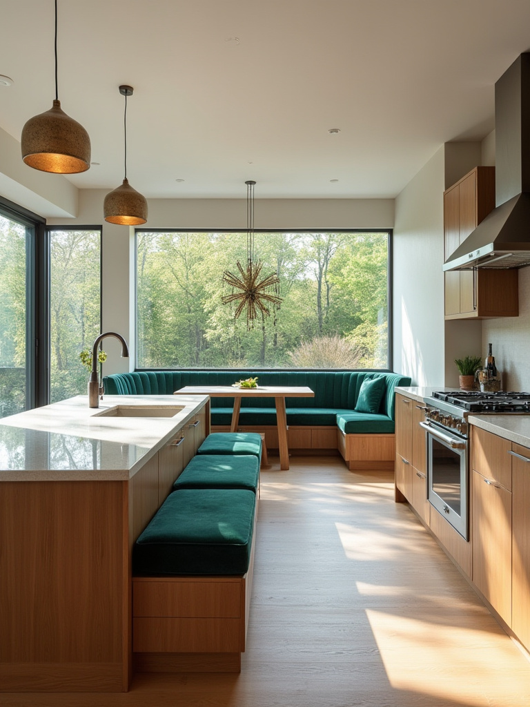 A stylish kitchen with an island featuring built-in banquette seating, emerald velvet upholstery, and bar-height stools.