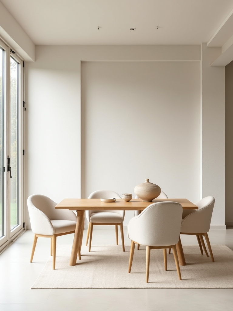 Modern dining room interior with neutral base palette featuring cream, beige, and soft grey tones, natural oak table, and minimalist design