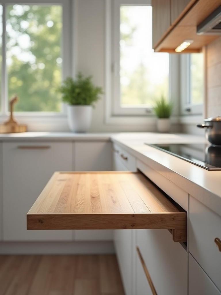 Pull-out cutting board extended from kitchen cabinetry in a small modern kitchen with bright natural lighting