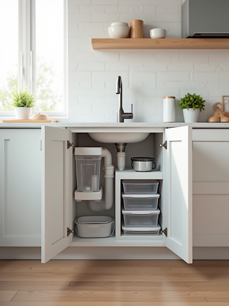 Vertical portrait of a neatly organized under-sink cabinet with smart organizers in a modern kitchen.