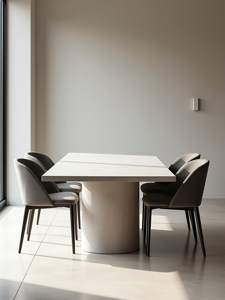 Modern dining room with sintered stone table and performance fabric chairs showcasing easy maintenance design