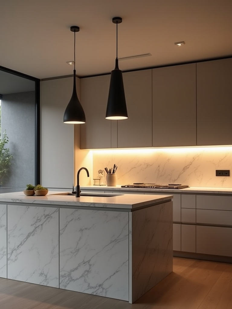 Modern kitchen with layered lighting: pendant over island, recessed ambient lights, under-cabinet LEDs and a wall dimmer, illustrating smart kitchen lighting budgeting decisions.