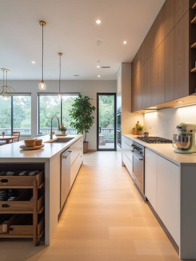 Modern kitchen with clearly defined zones for storage, prep, cooking, and cleanup including a baking station and coffee bar.