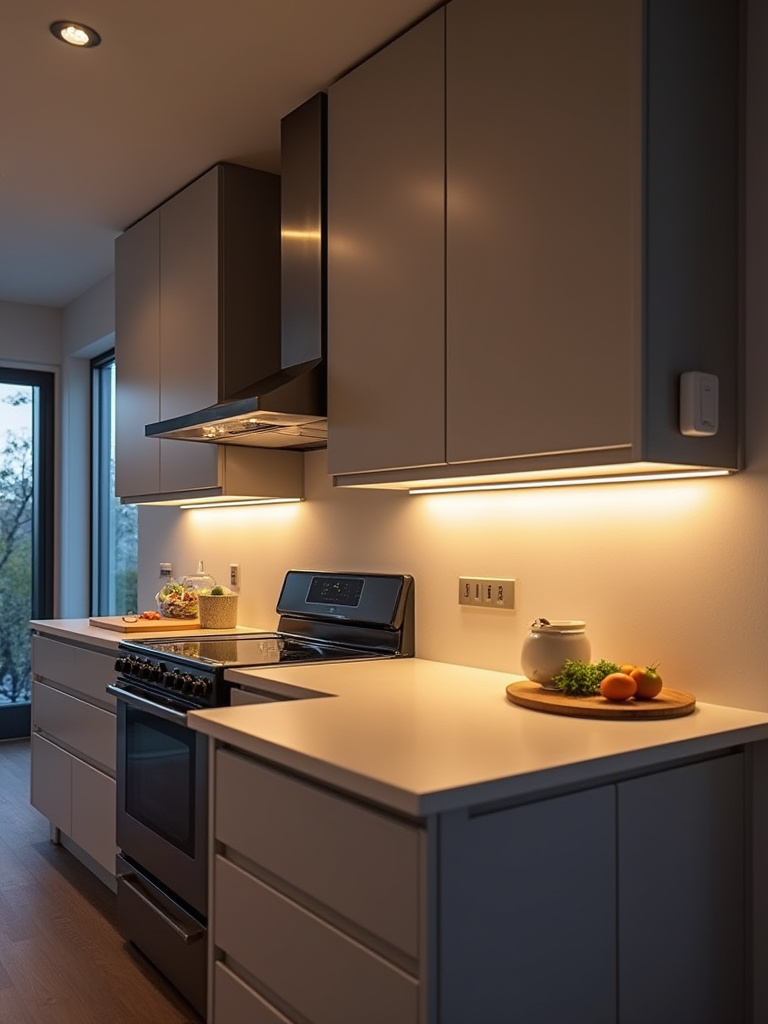 Vertical photo of modern kitchen with layered smart lighting, dimmed pendants, bright recessed task lights, under-cabinet strip, and a discreet motion sensor and smart switch