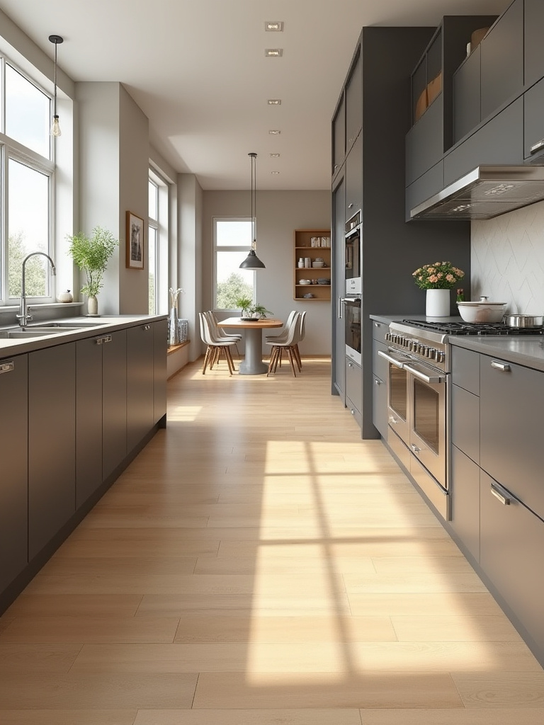 Portrait-style modern kitchen interior highlighting durable flooring options and enduring style