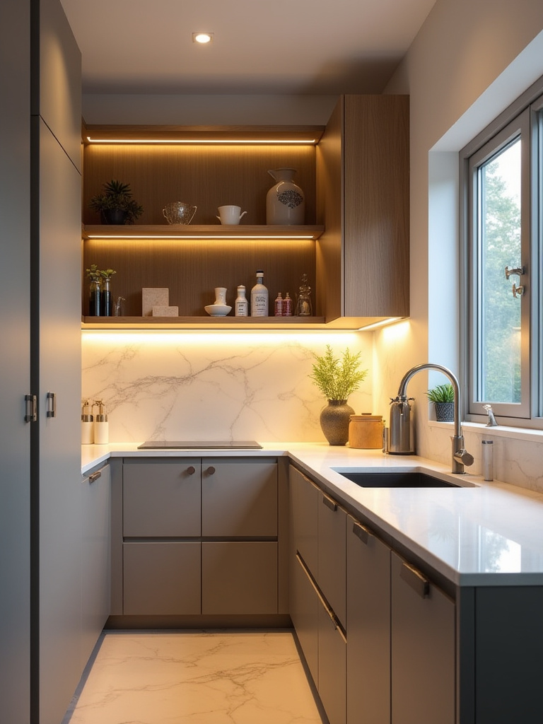 Small kitchen interior showing updated countertops, modern cabinets, and optimized lighting emphasizing high functional and aesthetic ROI