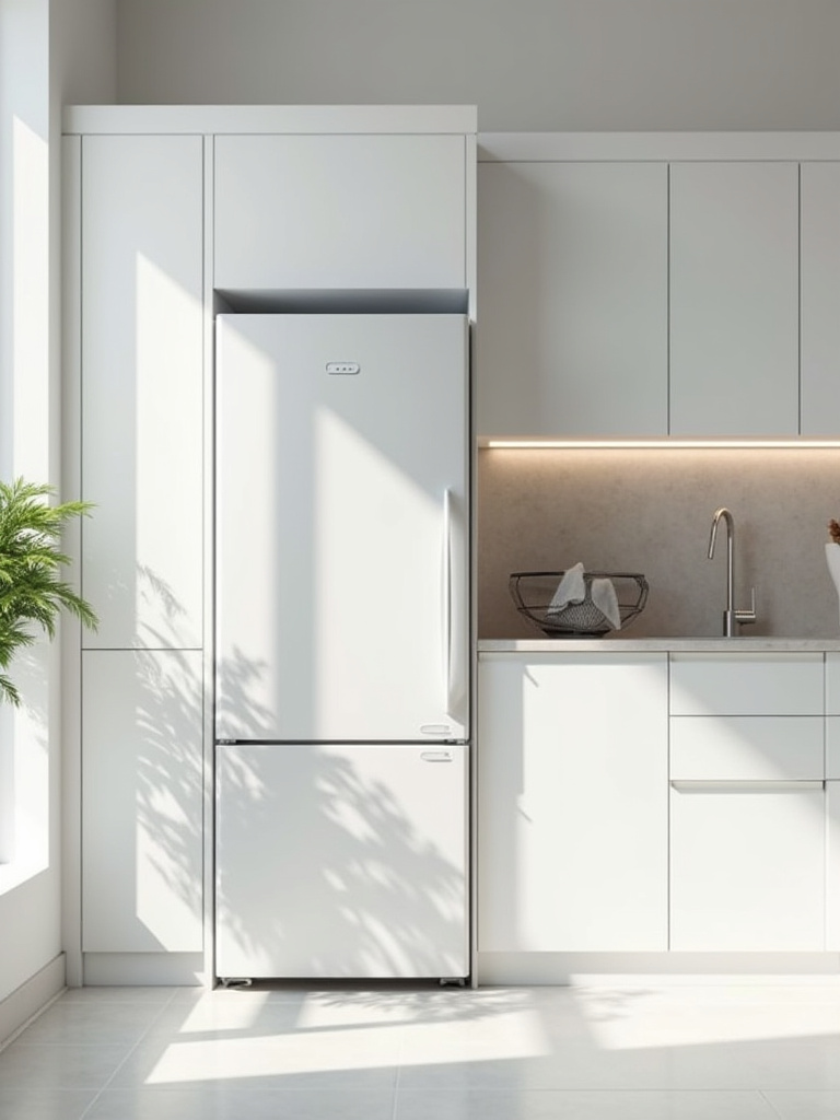 Modern small kitchen with undercounter refrigerator integrated into white cabinetry, showcasing space-saving design