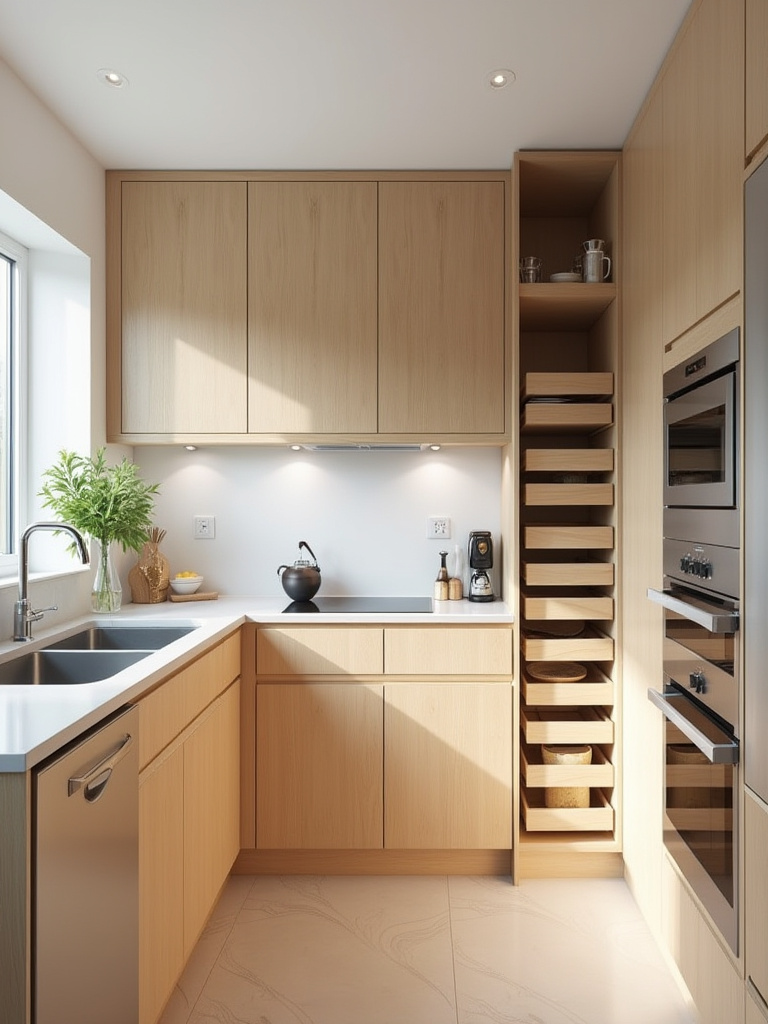 Small modern kitchen with full-height custom cabinetry maximizing vertical storage