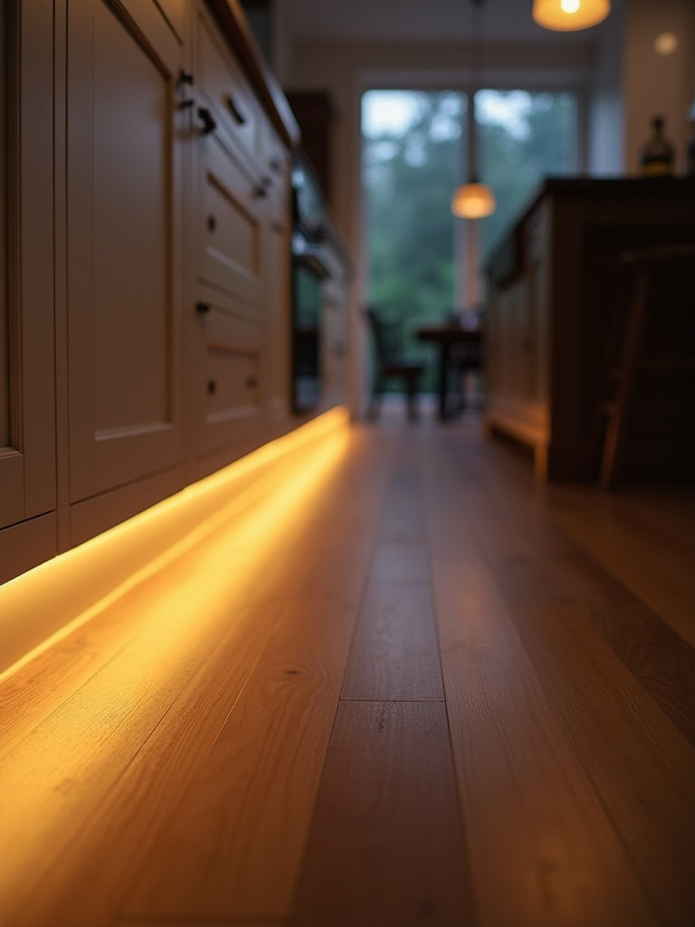 Warm toe-kick LED lighting under kitchen cabinets casting a soft glow on the floor for safe nighttime navigation.
