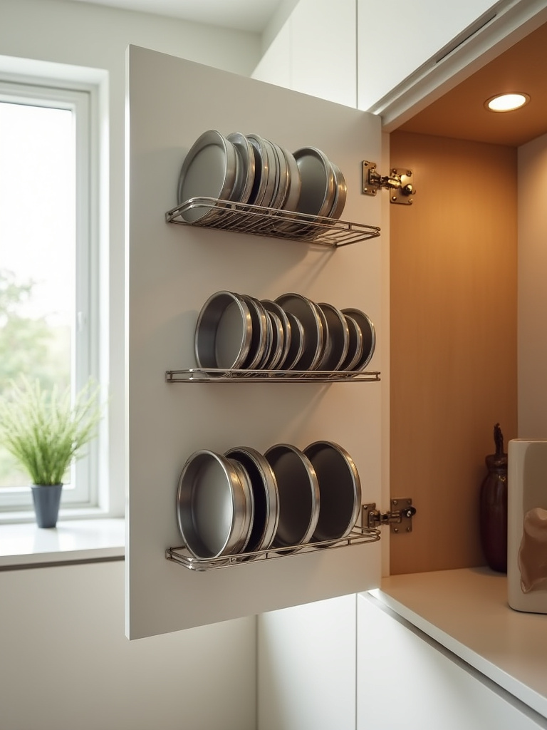 Door-mounted pot lid organizer with neatly arranged lids inside a cabinet door