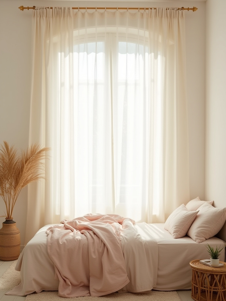 Bedroom with sheer curtains diffusing sunlight, soft pastel decor