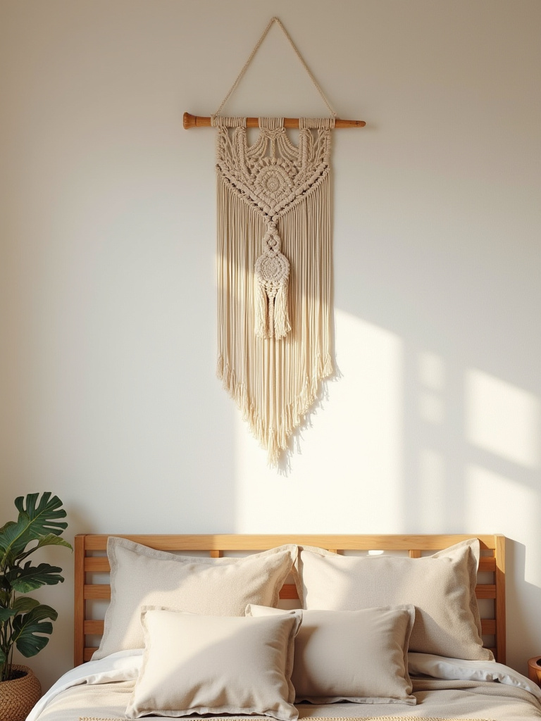 Vertical boho bedroom wall with cream macrame wall hanging and dream catcher above a wood headboard