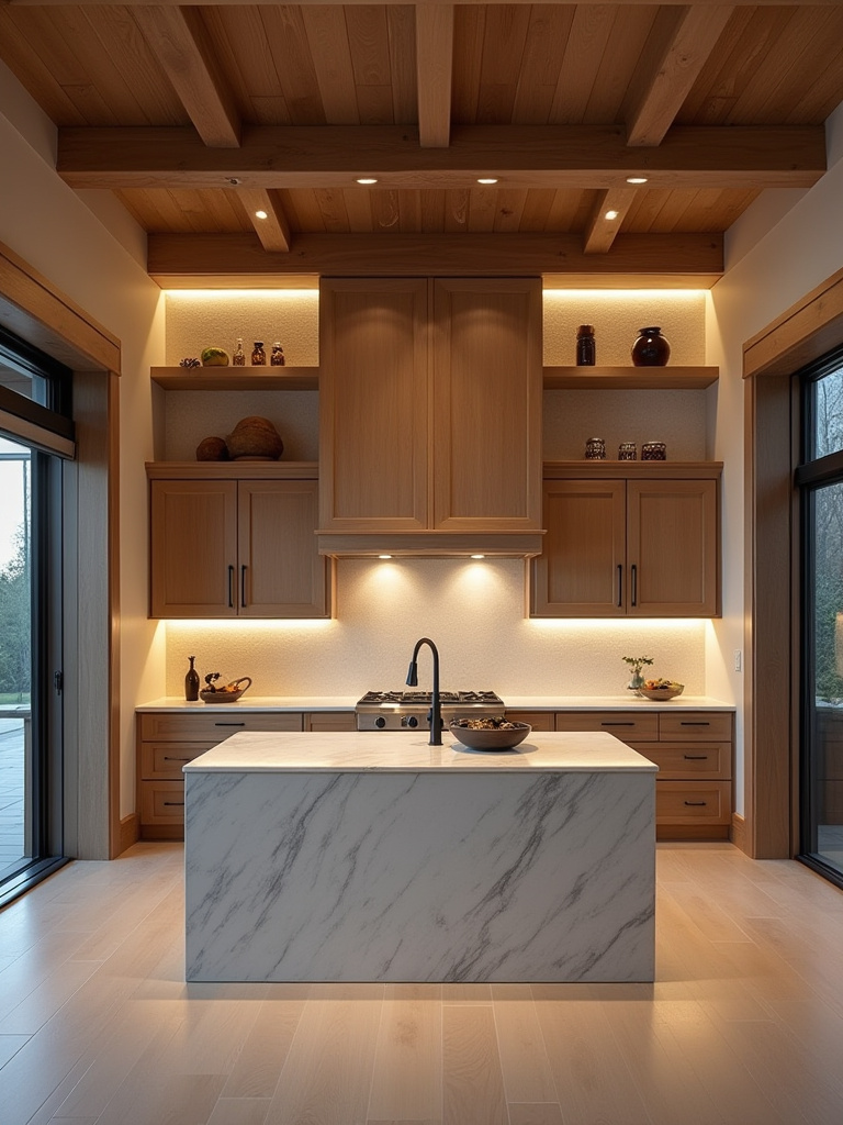 Vertical professional photo of a modern kitchen with concealed cove lighting in a coffered ceiling and hidden uplights accenting wooden beams and a textured wall, creating warm upward glow and dramatic shadows.