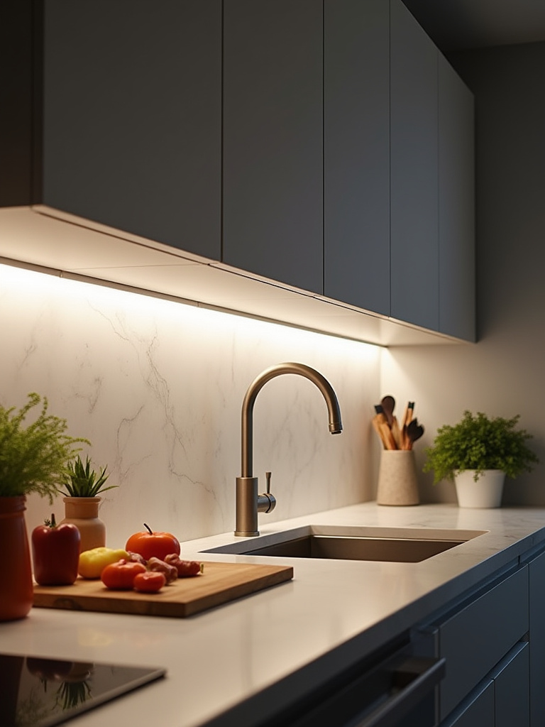 Portrait photo of a modern kitchen countertop illuminated by seamless under-cabinet LED lighting, showing even, shadow-free task lighting.