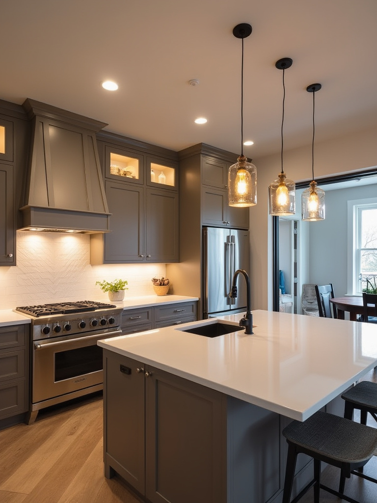 Portrait of a modern kitchen with layered lighting showing ambient ceiling, under-cabinet task lighting, and island pendant lighting.