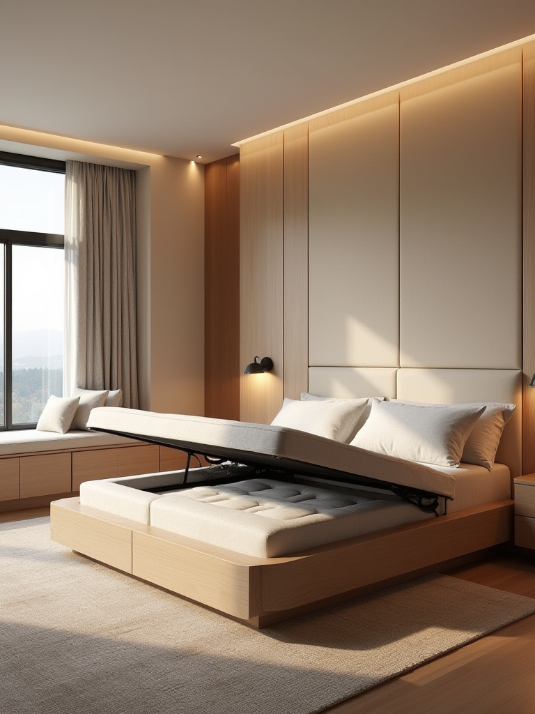 Vertical photo of a cozy bedroom with integrated hidden storage in bed and window bench, warm lighting, uncluttered space
