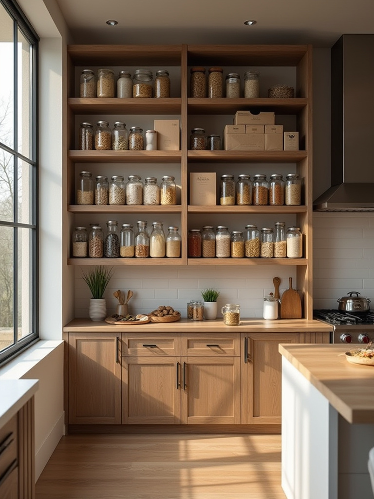 Portrait shot of a neatly organized pantry demonstrating FIFO rotation in a modern kitchen
