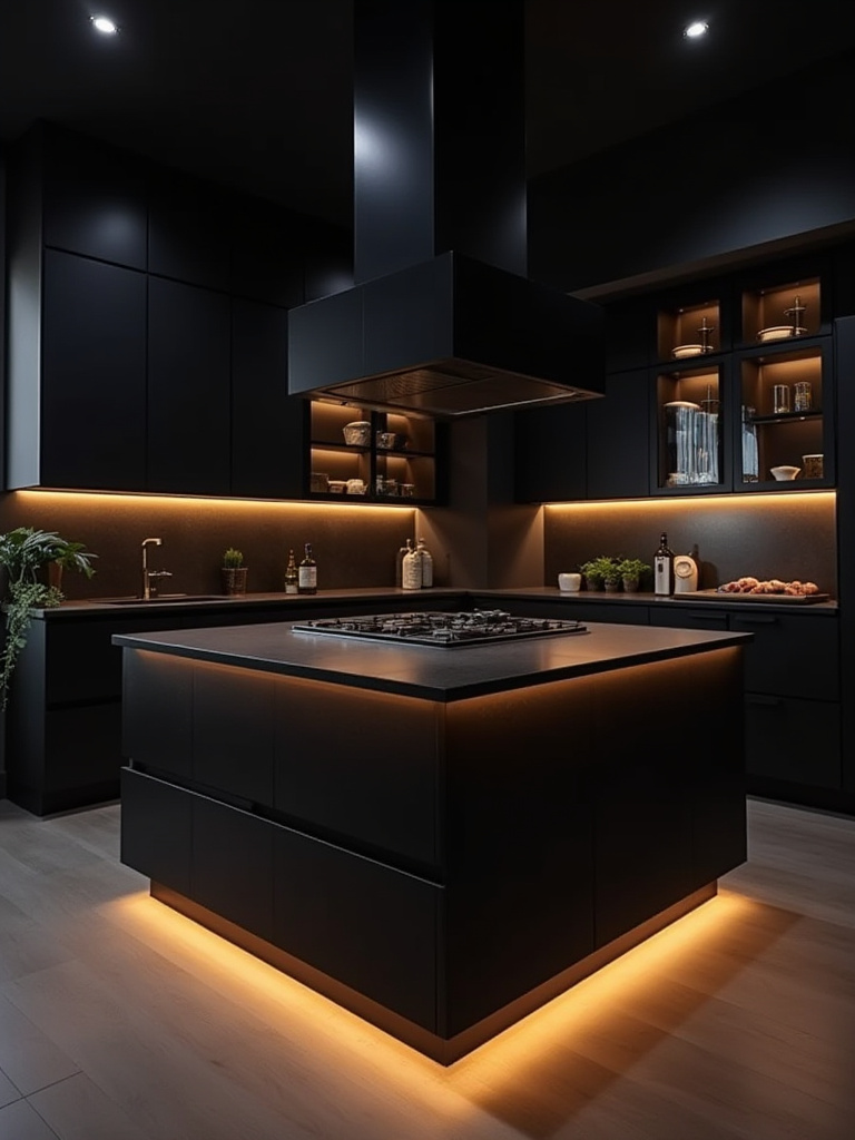 Modern black kitchen featuring layered lighting with ambient, task, and accent lights highlighting key areas