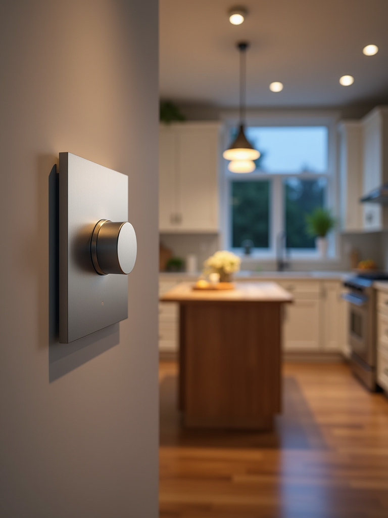 Vertical photo of a modern kitchen with a wall dimmer switch in focus and layered lighting showing dimmed pendants and bright under-cabinet task lights.