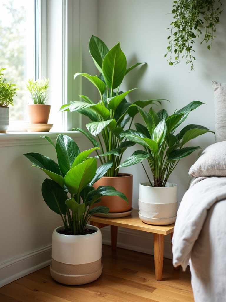 Cozy bedroom corner with low-maintenance indoor plants in decorative pots under soft natural light