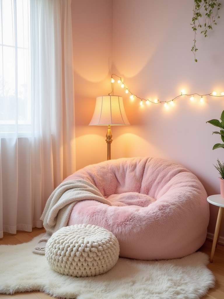 Cozy bedroom corner with a pastel pink faux-fur bean bag and a cream knitted pouf, soft lighting