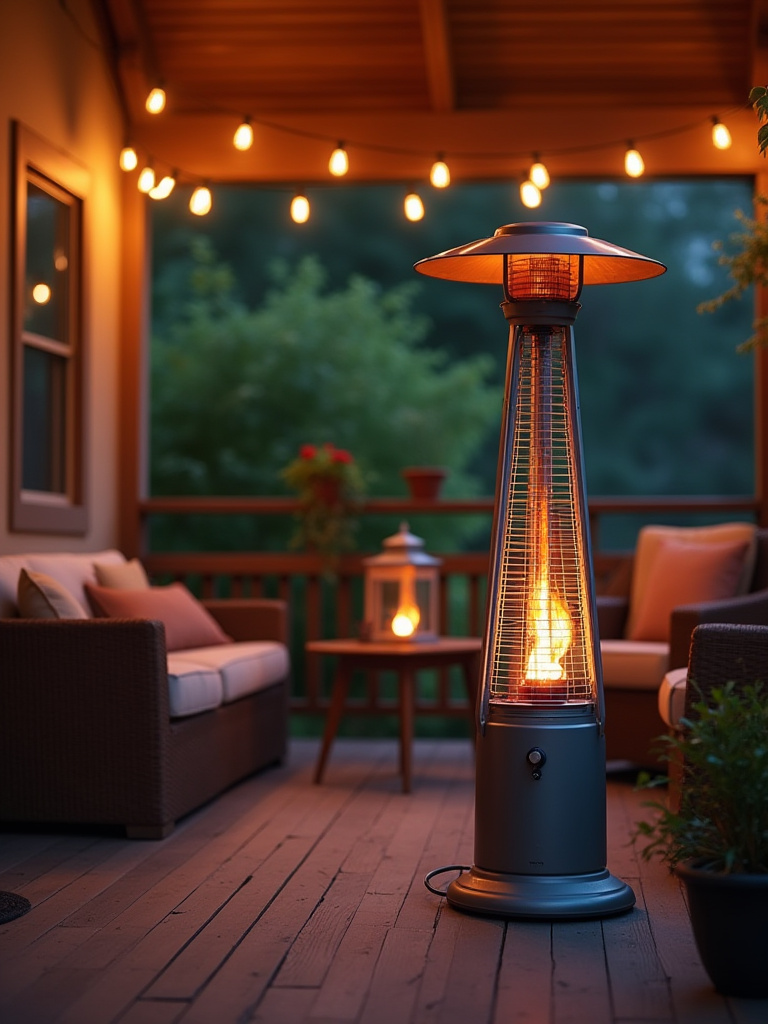 Cozy backyard porch with a portable propane heater glowing warmly, furnished with outdoor seating and ambient twilight lighting