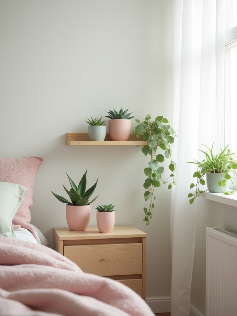 Cozy bedroom with small potted plants on nightstand and shelf under soft daylight