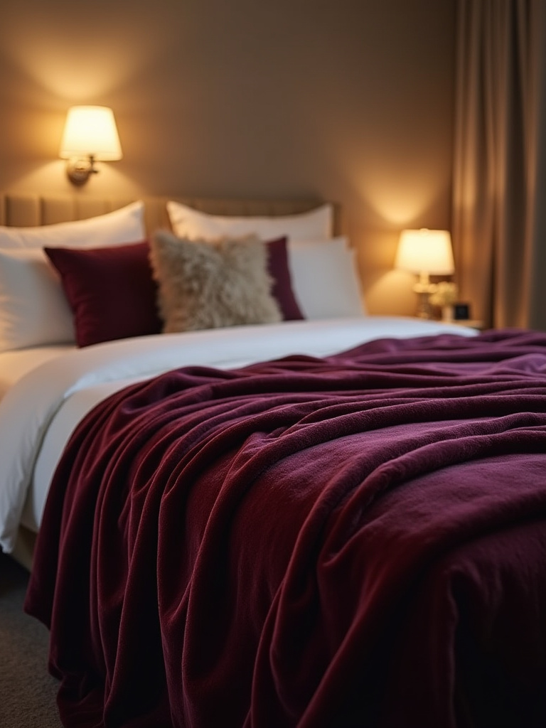 Cozy bedroom featuring a velvet blanket draped over the foot of the bed with soft ambient lighting