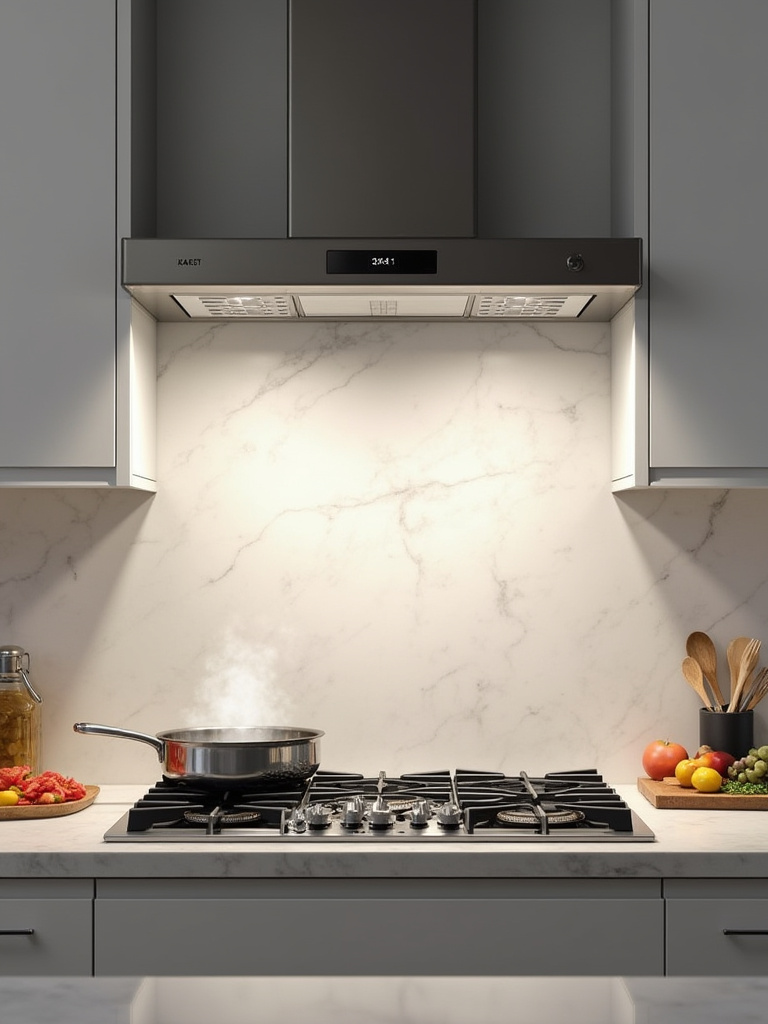 Vertical photo of stainless steel range hood with integrated LED lighting illuminating cooktop and colorful ingredients