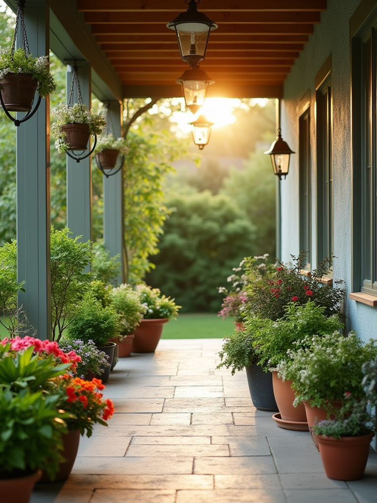 Backyard porch with vibrant greenery and a variety of strategically placed planters in different sizes and materials, photographed in natural golden hour light without people