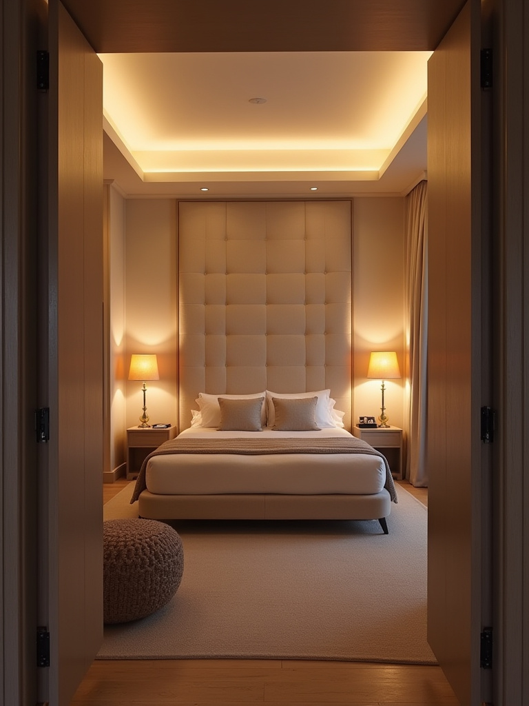 Vertical view of a cozy bedroom with warm, subtle accent lighting.