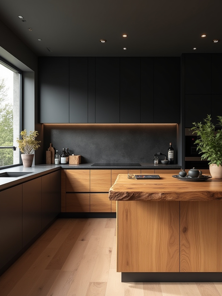 Modern black kitchen with warm wood lower cabinets and wood-slab island creating a cozy, balanced organic atmosphere