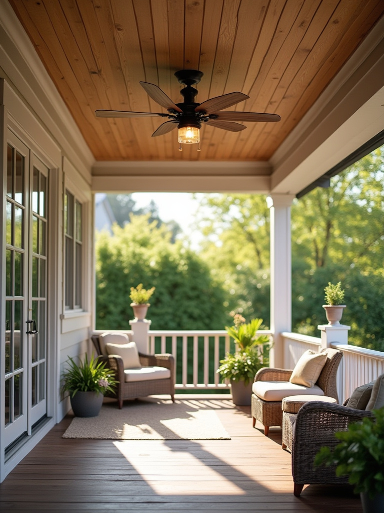 Backyard porch with modern ceiling fan installed for optimal air circulation, showing cozy outdoor seating and natural lighting
