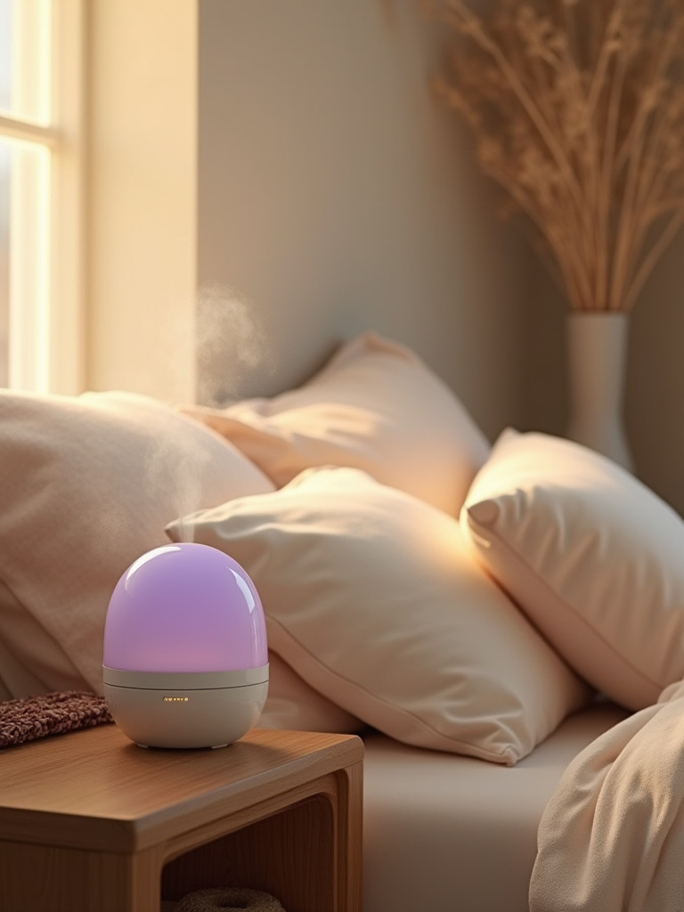 Vertical shot of a cozy bedroom with a diffuser on a nightstand, soft lighting, and plush textiles