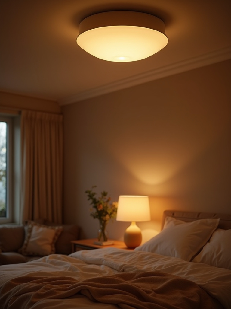 Cozy bedroom with dimmable overhead lighting casting warm, adjustable glow from ceiling fixture