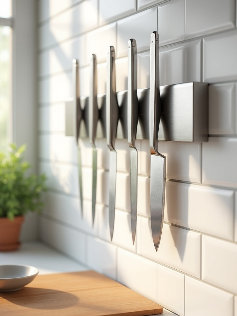 Vertical kitchen scene showing a stainless magnetic knife strip with knives neatly mounted on a tiled wall.