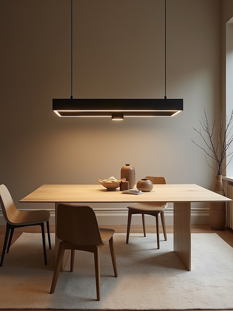 Modern dining room with a white oak table and a sleek matte black linear pendant light as a focal point