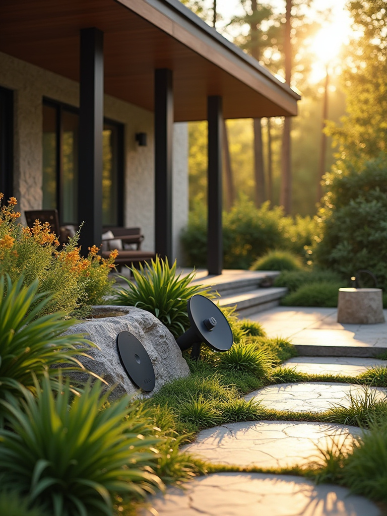 Modern backyard porch with discreet weatherproof outdoor sound system installed among greenery and stone pathway under warm natural lighting