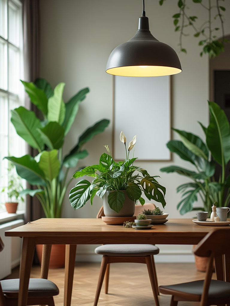 Modern dining room with biophilic design featuring lush greenery and elegant plants providing a serene atmosphere