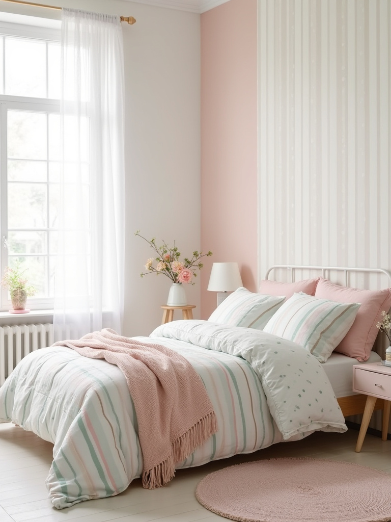 Charming bedroom with striped walls and polka dot bedding in pastel tones