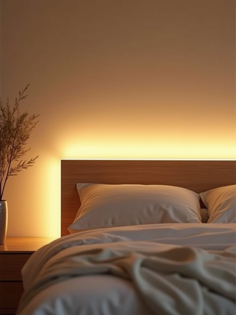 Cozy bedroom with a queen-sized wooden headboard softly backlit by warm white LED strip lighting creating a subtle halo effect on the wall