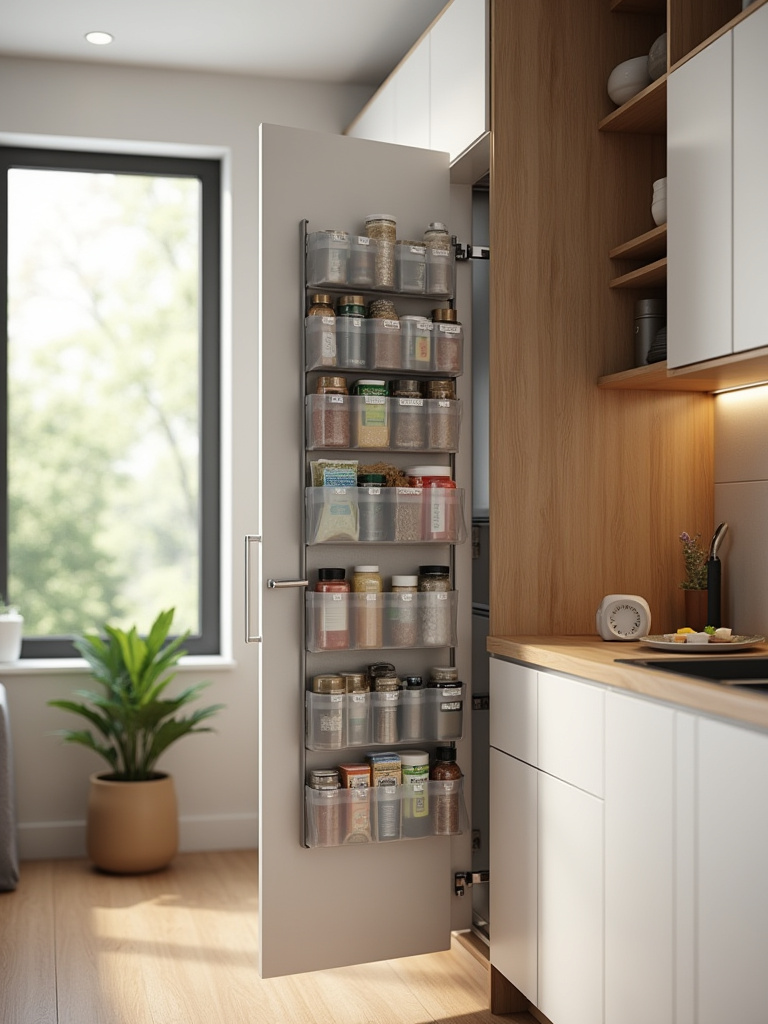 Kitchen cabinet door with an over-door organizer revealing neatly arranged pockets of jars and cleaning supplies for hidden storage.
